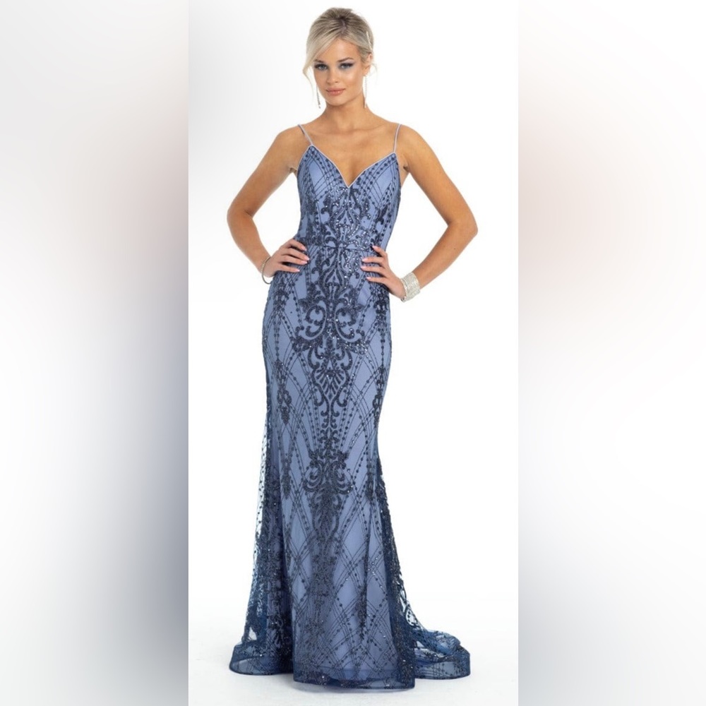 Glitter Embellished, V-back, Mermaid Gown in Navy